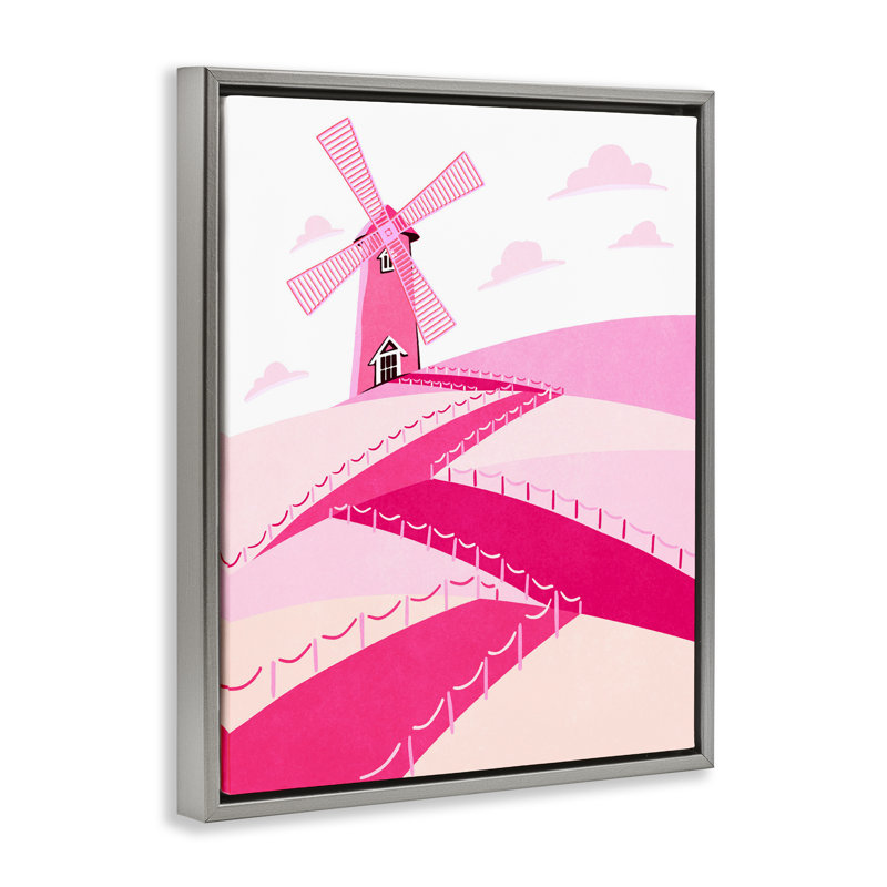 Cadre flottant rose avec moulin à vent, conception de Ziwei Li, Cadre flottant gris lustré, H 21 po x l 17 po