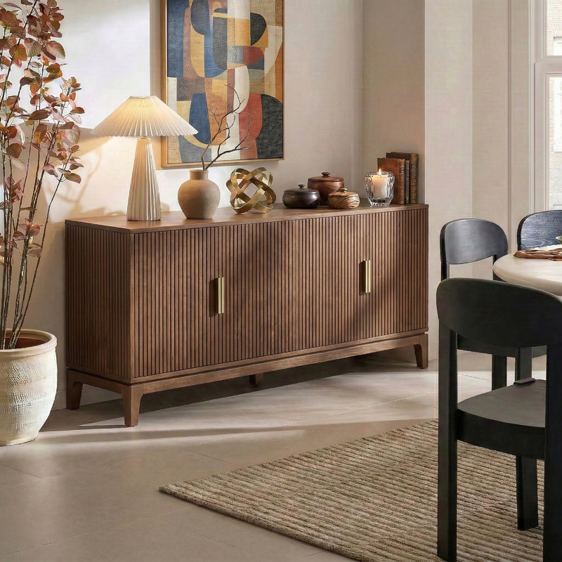 Martha Daniel 58" W Mid-Century Modern Fluted 4-Door Sideboard with Adjustable Shelves and Cable Management