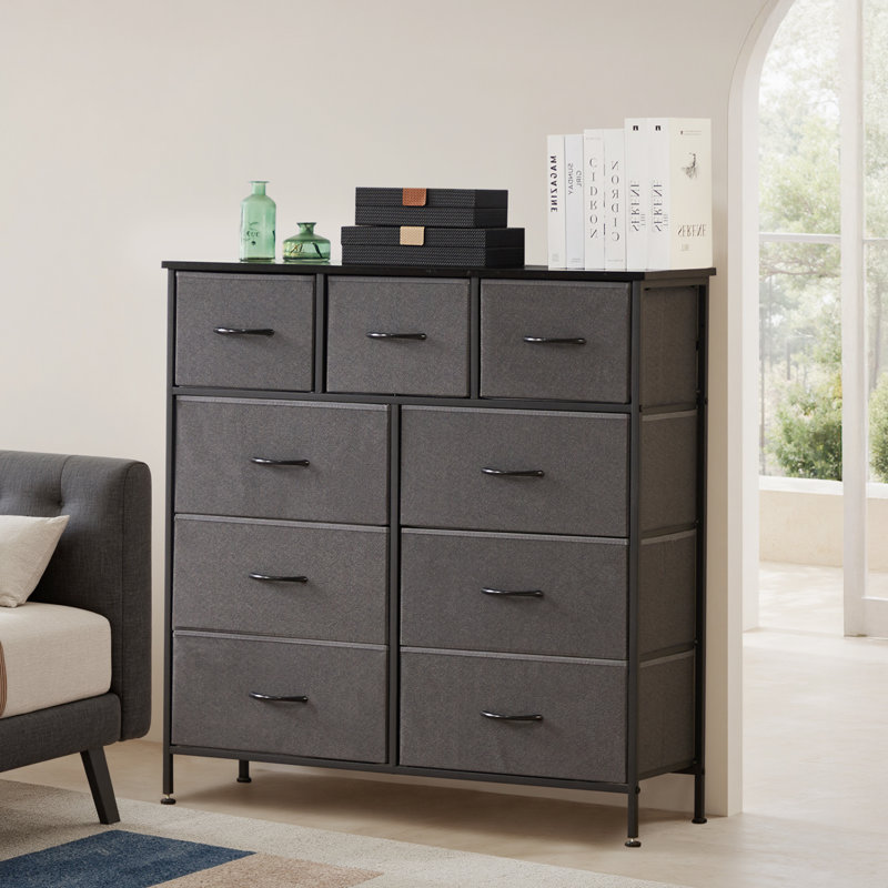 39.37'' W 9-Drawer Fabric Dresser with Wood Top, Storage Chest, Gray/Black