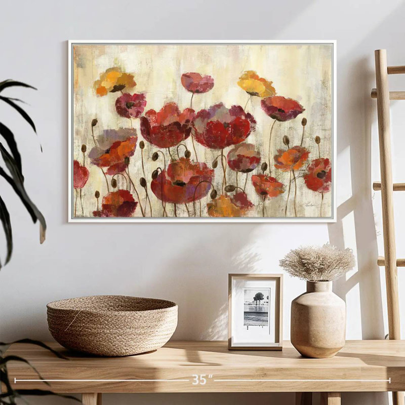 Coquelicots sous la pluie, Cadre flottant blanc, 25 po x 17 po