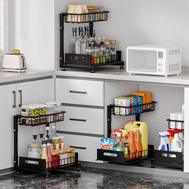 2‑Pack L-Shaped Under Sink Organizer, 2-Tier Pull-Out Metal Cabinet With Sliding Drawers, Adjustable Heavy-Duty Storage For Kitchen Or Bathroom