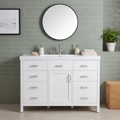 Meuble-lavabo de salle de bain avec lavabo en résine, porte à fermeture douce et 6 tiroirs, séparateurs amovibles et supports de porte à 2 niveaux