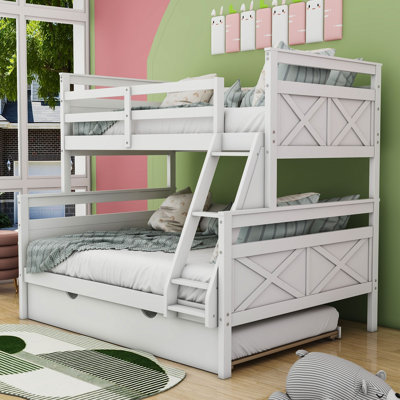 Twin Over Full Wood Bunk Bed With Trundle And Ladder -  YUNMA, YUNM16I796AMEDO-White