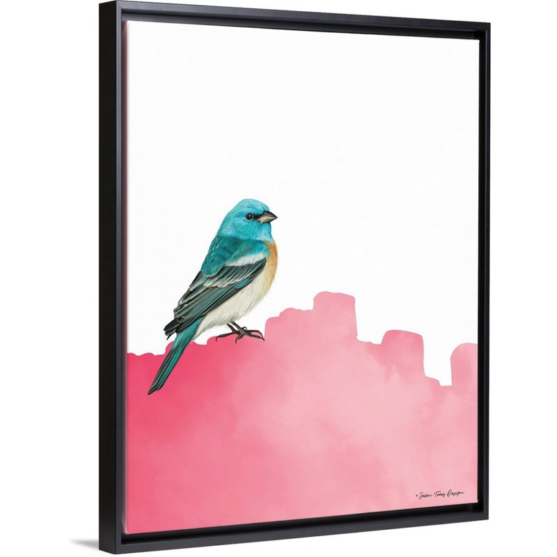 Oiseau sur Rose-reproduction d’art sur toile, Cadre noir, H 18 po x l 14 po x P 1,75 po