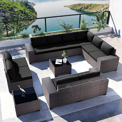 Dawes 12-Piece Outdoor Rattan Sectional Set With Cushions And Tempered Glass Table