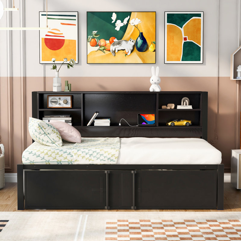 Lit de jour simple en métal noir avec lit gigogne, espace de rangement, hublots, rangement énergique, cadre de lit vif