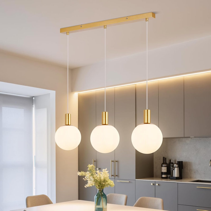 3 -Light Kitchen Island White Glass Pendant