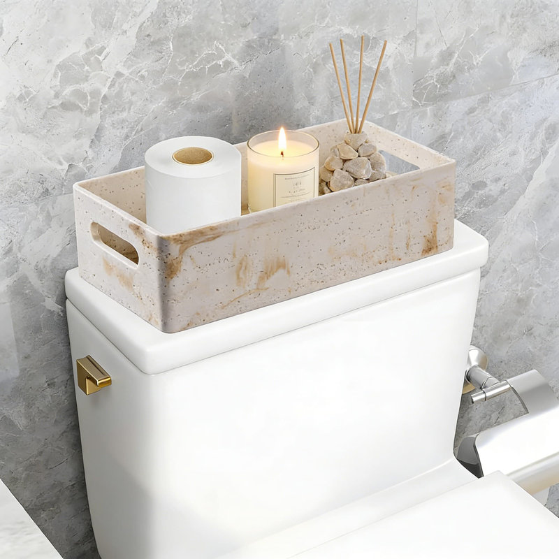 Panier de rangement texturé en travertin fait à la main avec poignée pour comptoir de salle de bain et réservoir de toilette, bac de rangement en résine robuste pour la décoration intérieure