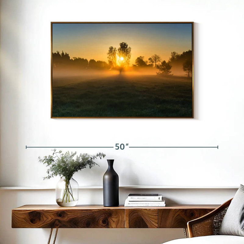 Misty Meadow au lever du soleil, Cadre flottant doré, 37 po x 25 po