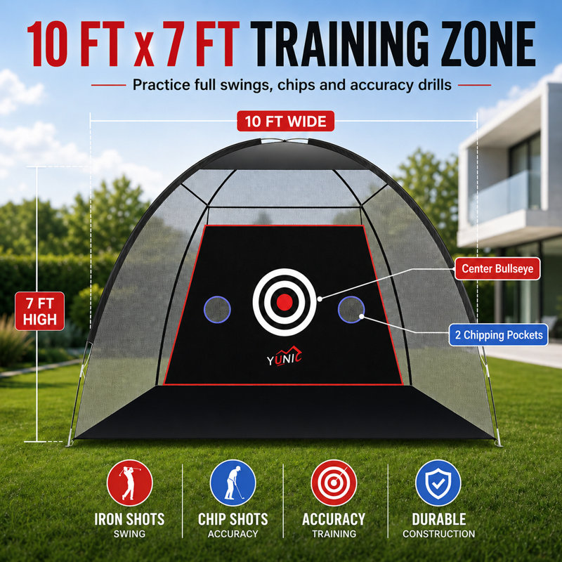 Filet de golf YUNIC, filet de pratique de golf de 10 pi x 7 pi avec tissu cible et tapis Tri-Turf, aide à l'entraînement dans la cour intérieure et extérieure
