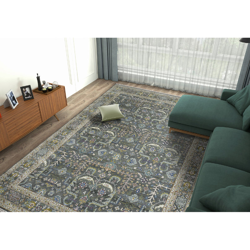 Tapis oriental en laine noué à la main gris / brun / bleu Hillard, Rectangle 2 pi x 3 pi