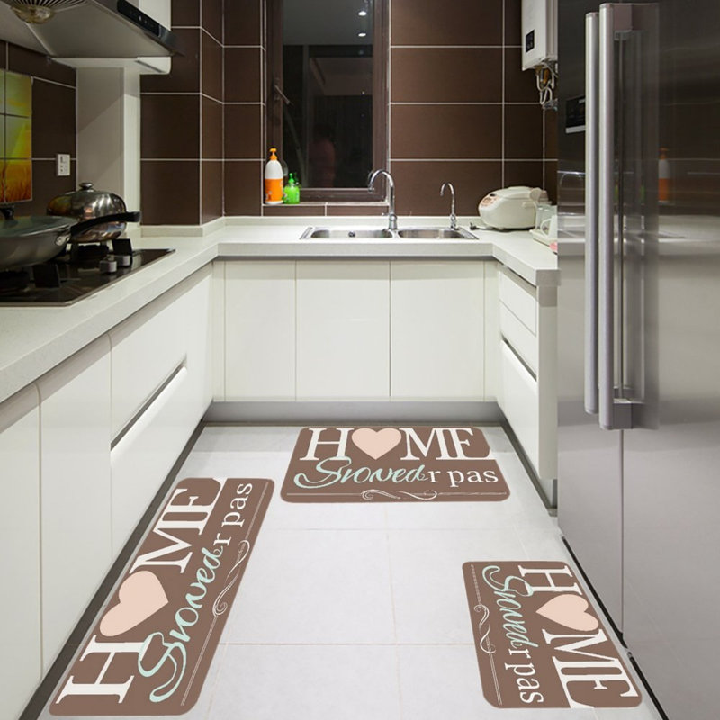 Home Sweet Home Script 3 Piece Kitchen Rug For Kitchen, Entryway, Brown Mint White