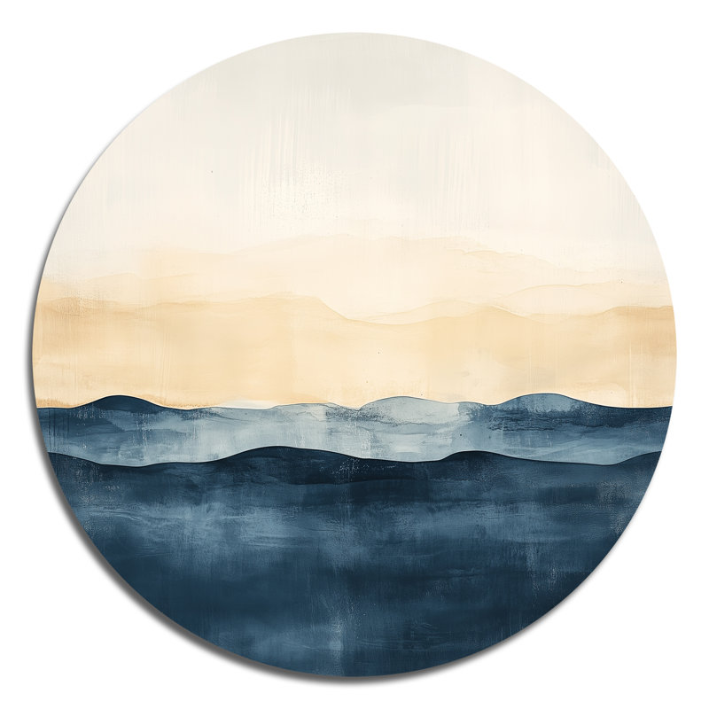 Shoreline in Soft Abstraction I - Art mural rond en métal paysage moderne, H 16 po x l 16 po