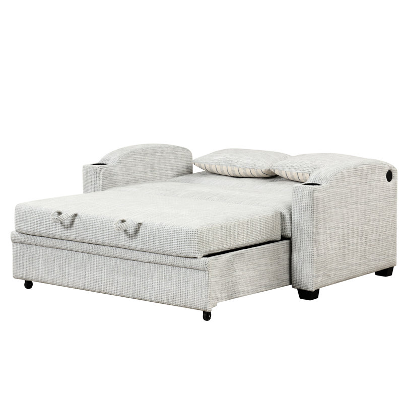 Lit convertible avec tissu d'ameublement en chenille réglable, porte-gobelets, hublots, 2 coussins, gris blanc pour la décoration intérieure, texture de 61,6 po, espaces de détente quotidiens