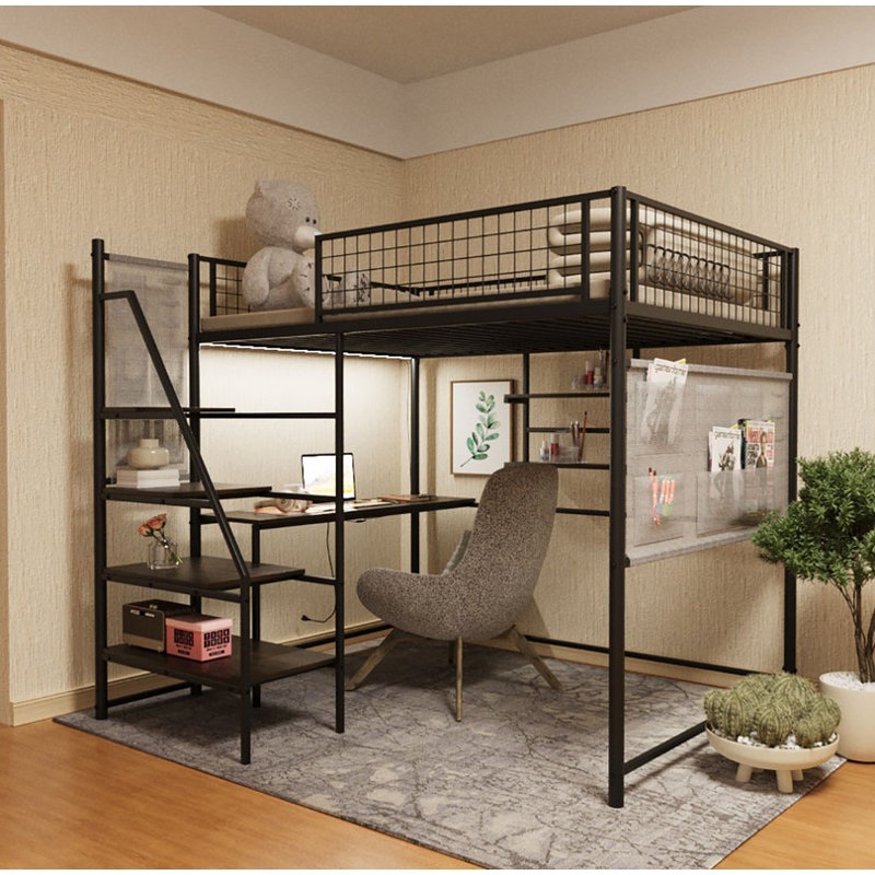 Loft Metal Bed For Bedroom And Dormitory, With Built-In Charging Station And LED Lighting, Black, Full