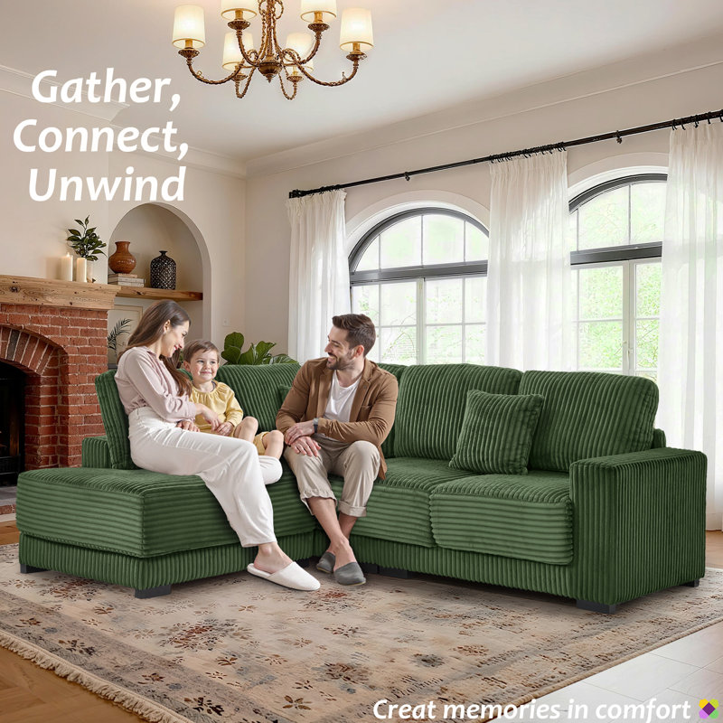 Gus 93"W LAF RAF Corduroy Sectioanl, 3 Seater, 1 Ottoman, Green Corduroy