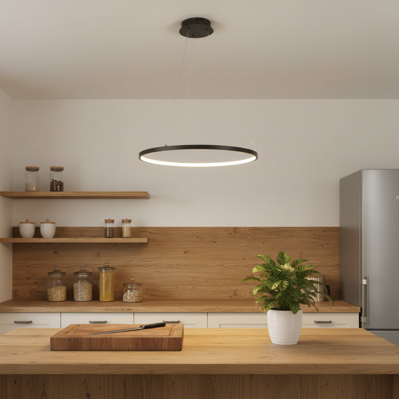 Luminaire suspendu rond à 1 lumière pour îlot de cuisine Stockham, Noir, H 0,8 po x l 24 po x P 24 po