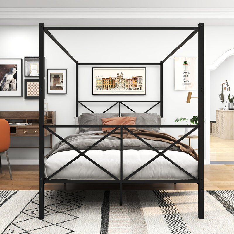 Structure de lit à baldaquin en métal noir pour grand lit, et très sous-espace, convient aux matelas de grand lit standard avec baldaquin, supporte 500 livres, finition, matelas, installation facile