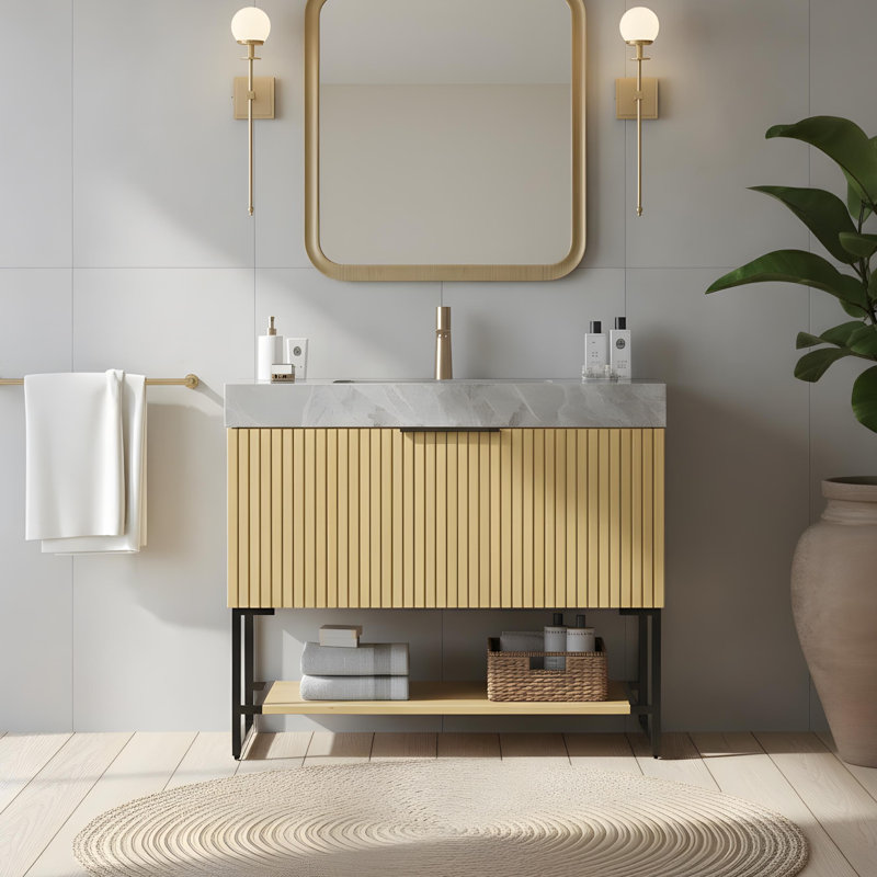 Armoire de salle de bain avec tiroir, Chêne noir / doré, 36"