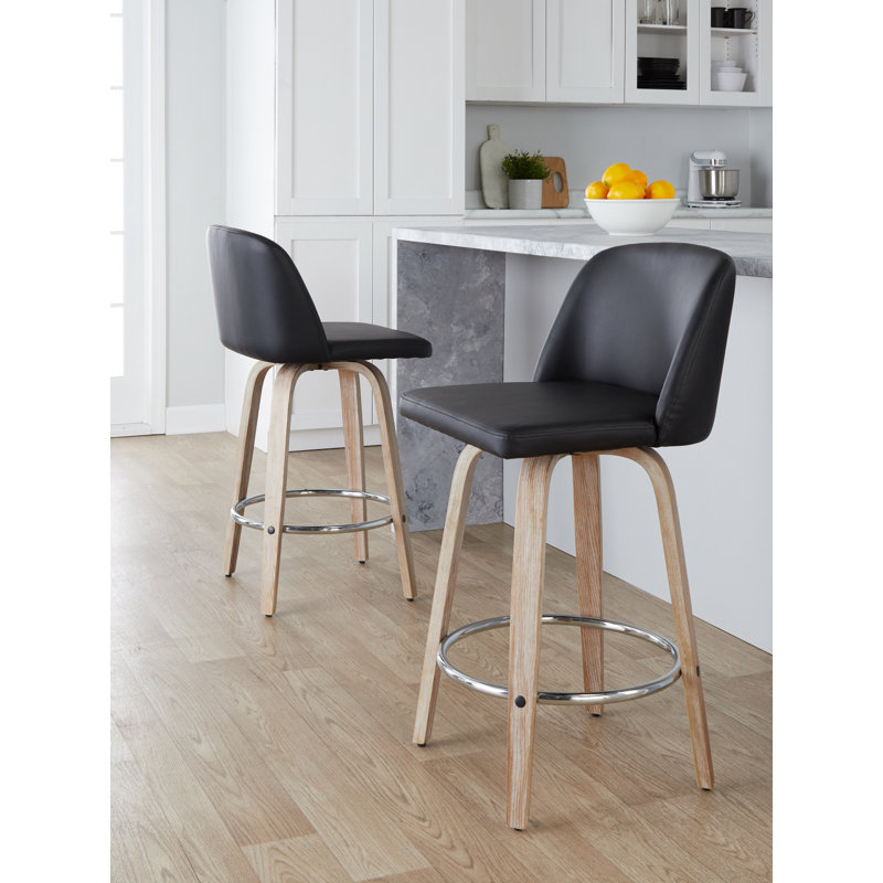Thea 30" Fixed-Height Bar Stools with Bent Wood Legs & Round Footrest, Natural/Chrome, Gray, Bar Stool (29.5" Seat Height)