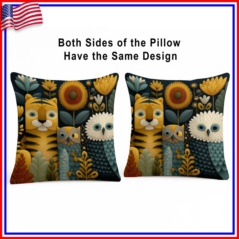 Tiger Owl Illustration Double Sided Throw Pillows, 16 x 16 inches