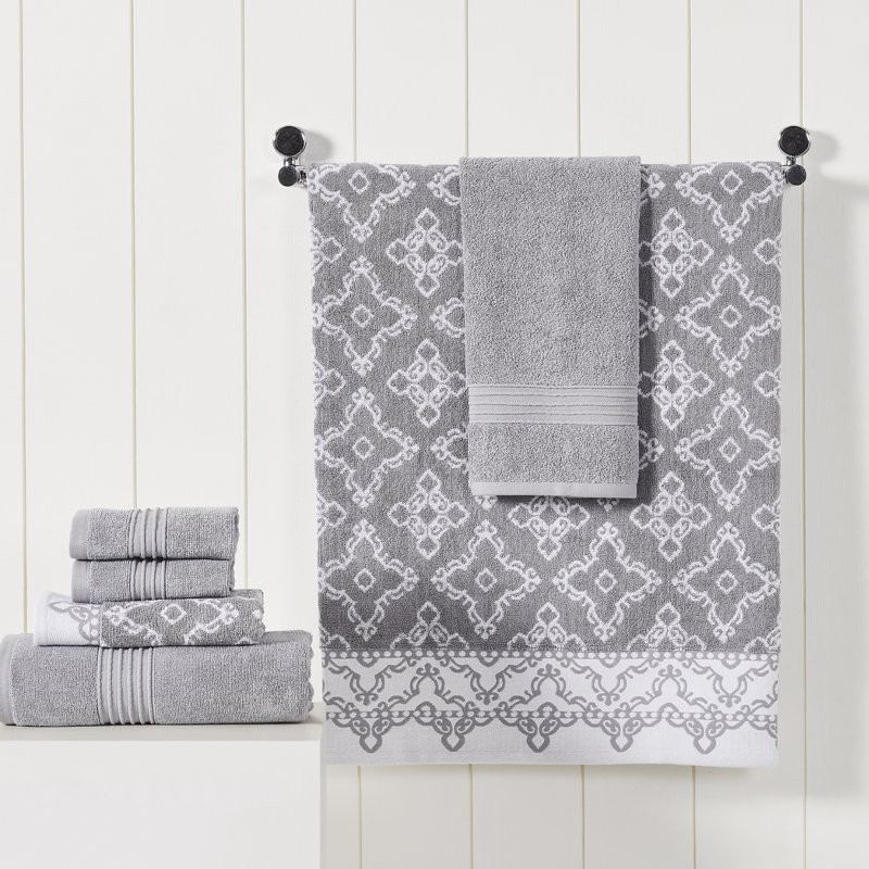 Stone Gray Cotton 6-Piece Towel Set with Medallion Design