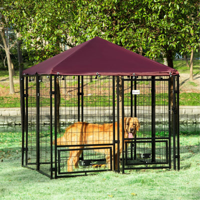 Clôture d'extérieur pour animaux 5 'X - Acier robuste et auvent d'eau, porte-bols rotatifs, cage en acier noir / rouge pour chenil, couvercle, enclos
