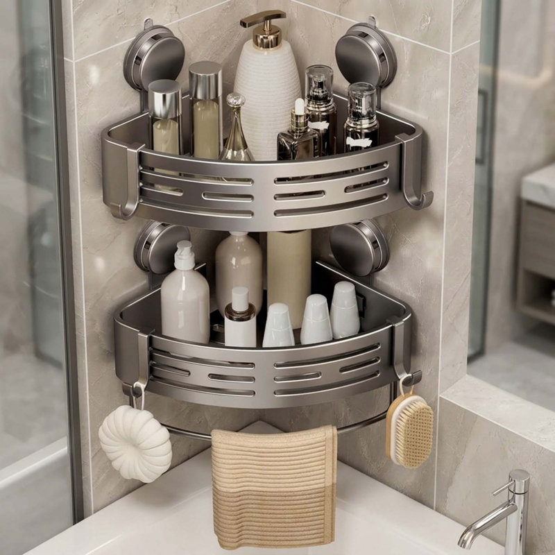 2-Pack Corner Shower Caddy - Suction Cup, Towel Bar Hooks, Matte Grey No-Drill