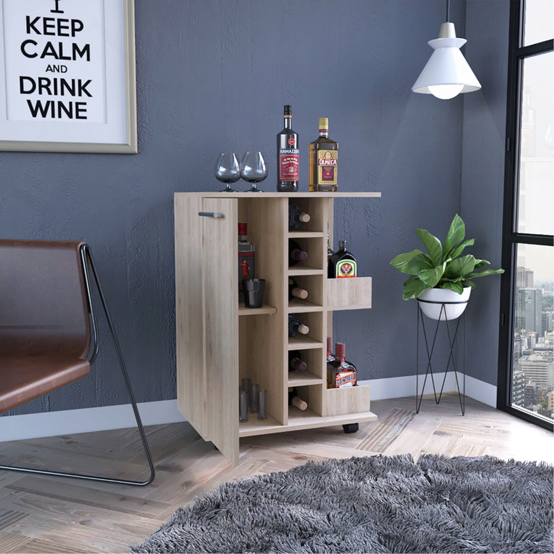 Chariot-bar, quatre roulettes, armoire à une porte, deux tablettes extérieures, Beige