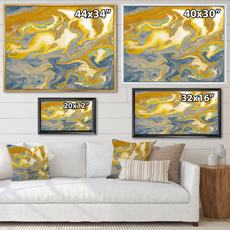 Jaune et bleu vagues de marbre I - peinture sur toile, H 16 po x l 32 po x P 1 po, Cadre flottant doré
