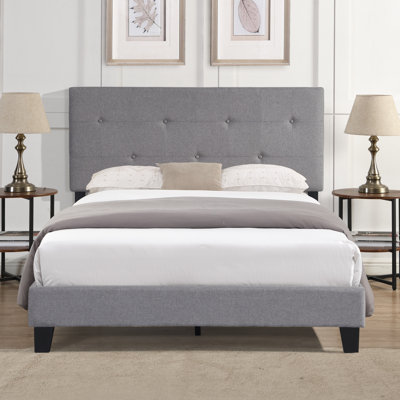 Full Size Upholstered Bed - Modern Grey Linen Headboard Button No Box Spring Wood Slat Support Simple Assembly Technique Frame With Upholstery Easy Gray Hue