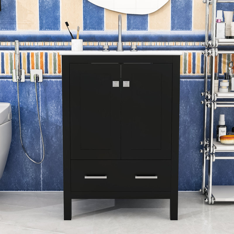Meuble-lavabo avec lavabo, 1 tiroir et 2 portes, Noir