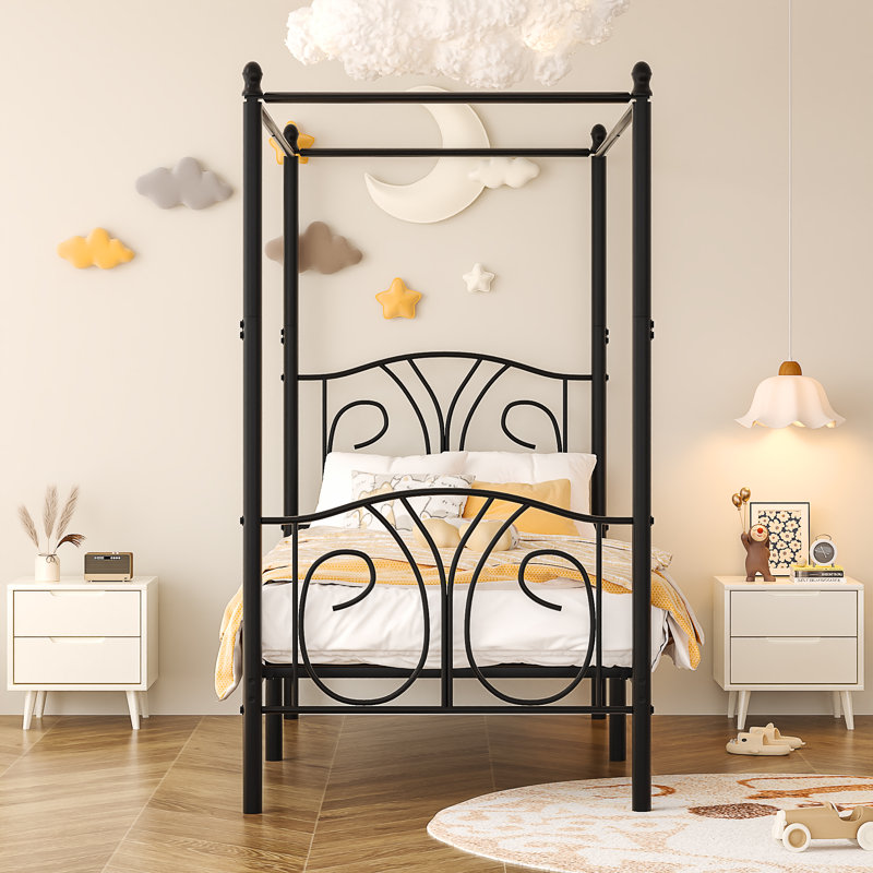 Twin Metal Canopy Bed Frame with Headboard and Storage, Modern Kids Platform Bed, Black