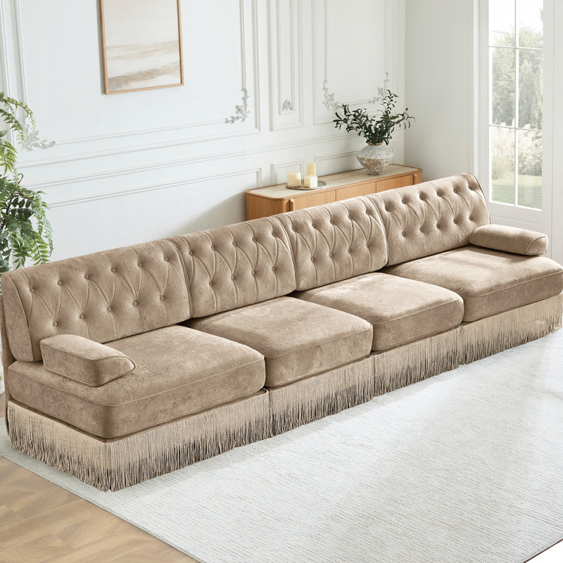 4 velours chameau, boutons, jupe à pampille, base modulaire, mousse haute résilience pour un style tendance