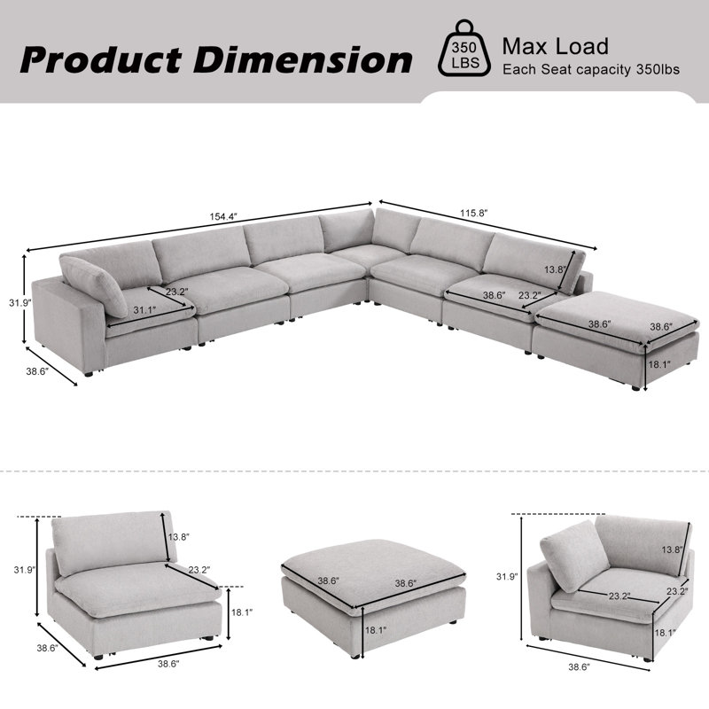 Canapé modulaire rembourré avec repose-pieds 7 pièces Nuccio, Gris clair, Noir mat
