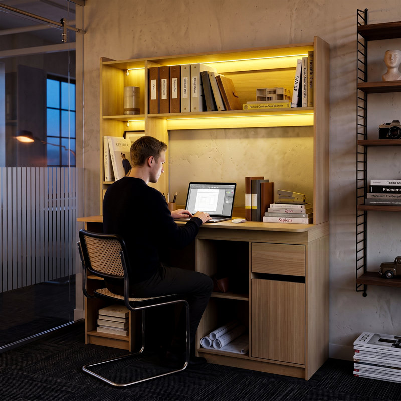 120cm Light Wood Extendable Computer Desk with Cable Management, Drawers & Cabinet