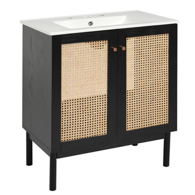 Meuble-lavabo de 30 po avec lavabo en céramique et portes en rotin tissé à la main à fermeture en douceur