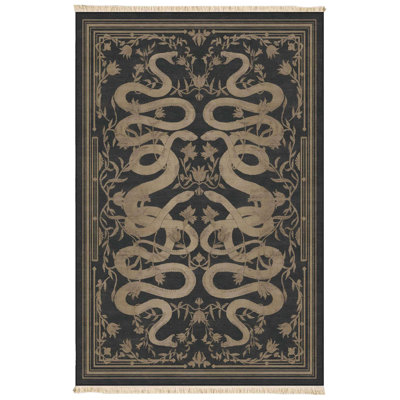 🐍 The Serpent's Glen Vintage Snake & Botanical Cotton Rug, Black/Gold (32" x 59")
