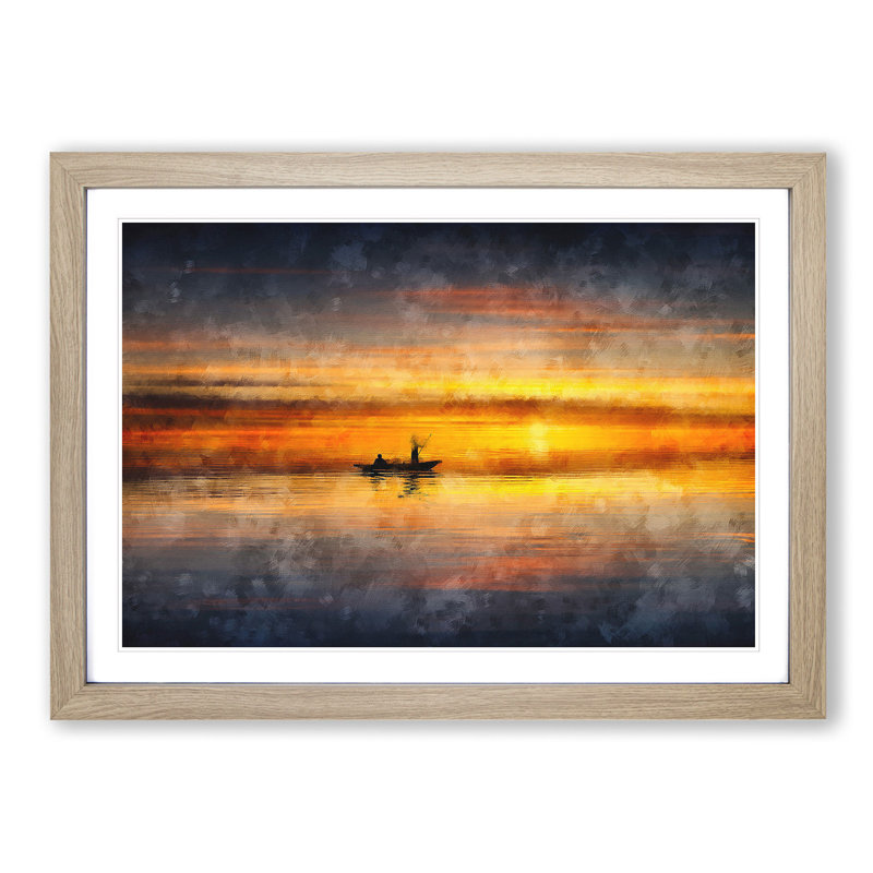 A Boat At Sunset - Single Picture Frame Painting on MDF, 35cm H x 50cm W x 2cm D, Oak