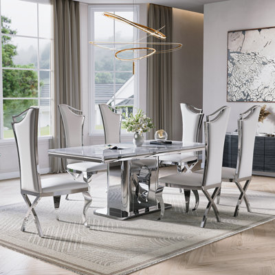 Rectangle Dining Table Set With Luxury Faux Leather Dining Chairs
