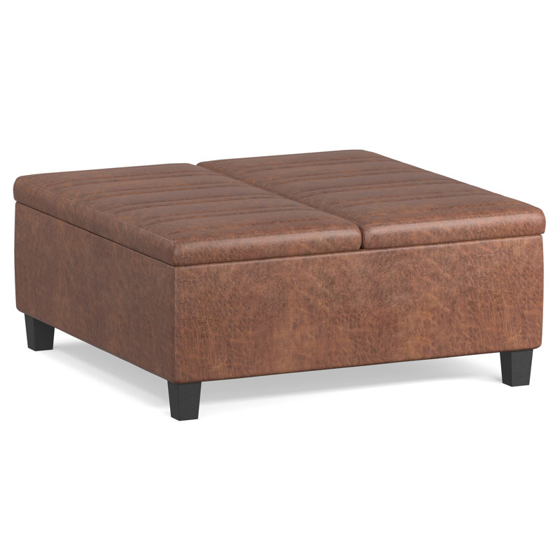 Ellis 36"W Upholstered Square Coffee Table Storage Ottoman with Split Lift Top, Distressed Saddle Brown Faux Leather