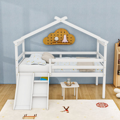 Twin Low Loft House Bed With Slide, Ladder  And Guardrails