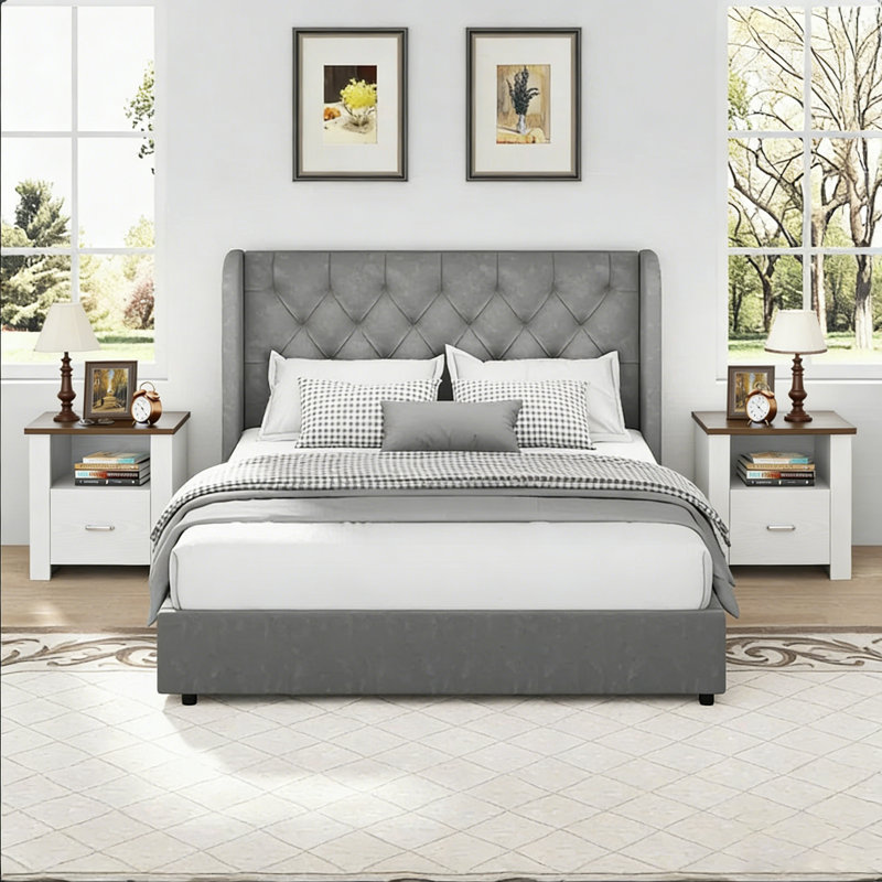 Ensemble de chambre à coucher avec lit à oreilles en velours et 2 tables de chevet à oreilles, Gris, Lit double