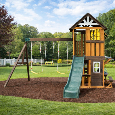 Extra Large Solid Wood Outdoor Swing Set With Slide And Rock Wall