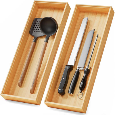 Lot de 2 boîtes de rangement empilables en bambou long pour tiroir de cuisine, 43 x 15 cm, plateau en bois pour couverts et argenterie, bac de rangement pour tiroir à bazar, salle de bain et camping-car.