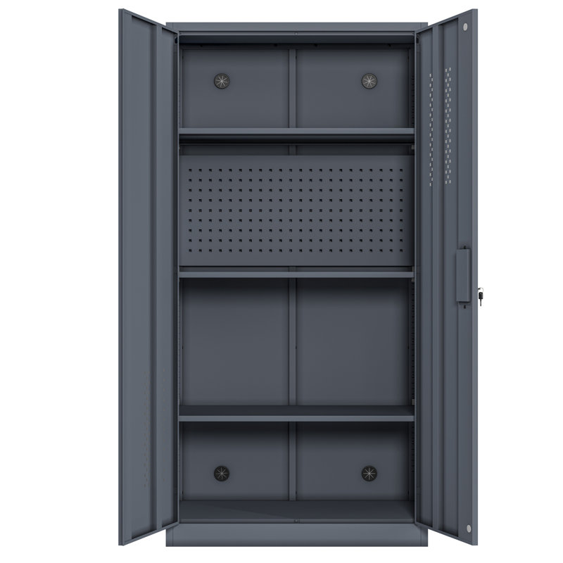 Metal Garage Storage Cabinet With 2 Doors And 4 Adjustable Shelves - 71.96-Inch Steel Lockable File Cabinet With Pegboard Interior, Suitable For Home Offices, Garages, Gyms, Schools (Gray)
