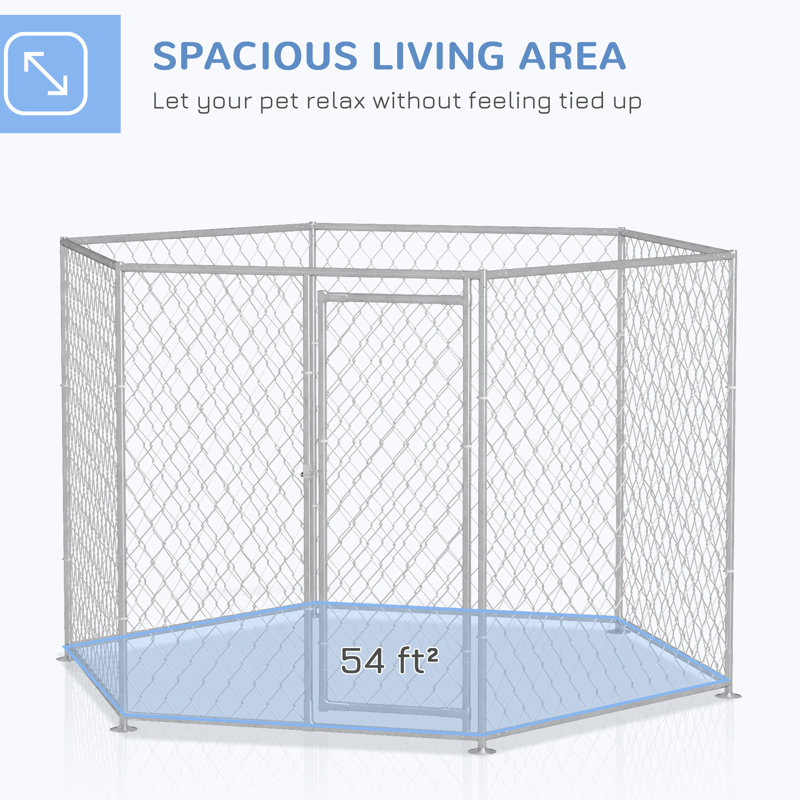 Piste pour chien 9,2 pi x 8 pi 5,6 pi, argent Extérieur pour chiens de taille moyenne et grande. Entrée verrouillable sécurisée. Espace spacieux et relaxant. Weather-. Méthode d'installation facile pour une entrée de taille moyenne à grande. Relaxant.