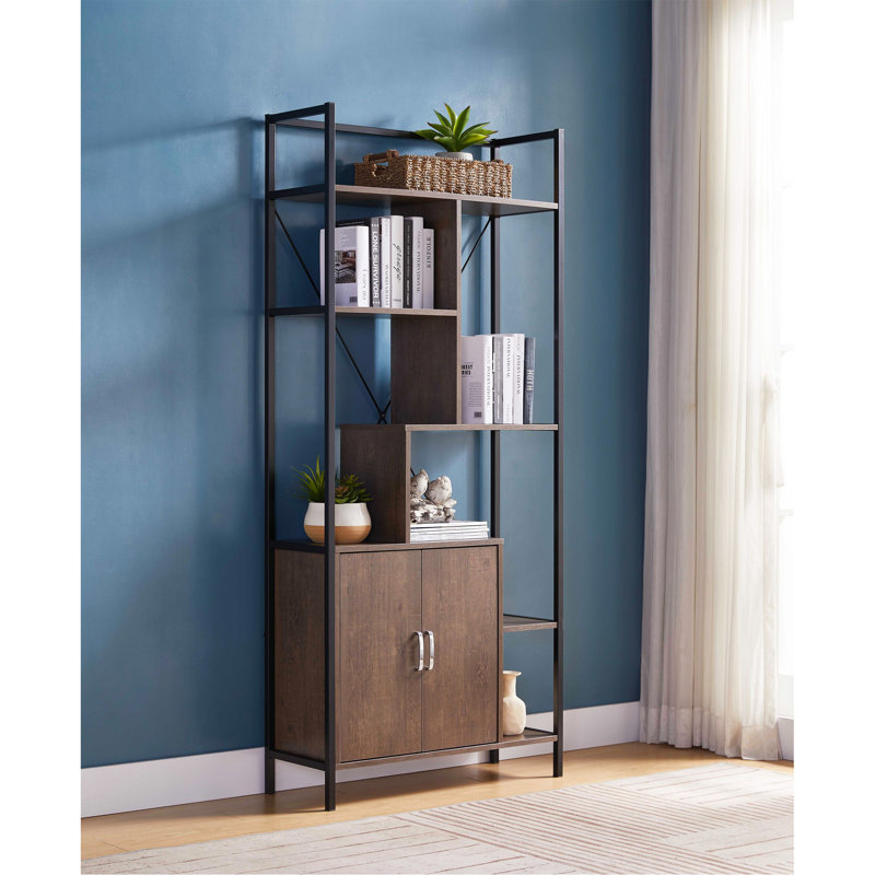 Bibliothèque moderne à six tablettes avec armoire de rangement à deux portes et deux tablettes, Brun foncé / noir