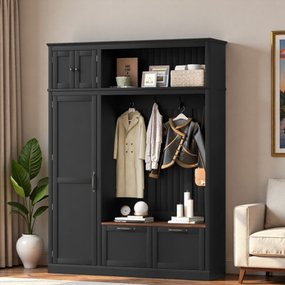 3-in-1 Hall Tree With Top Storage Cabinet, Open Storage, 3 Adjustable Side Shelves, 4 Heavy-duty Hooks, 2 Spacious Drawers And Seat Bench