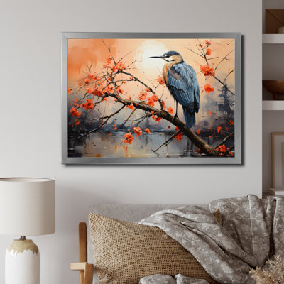 Coral Grey Heron Solitude Pointillism I - Animals Wall Art Prints